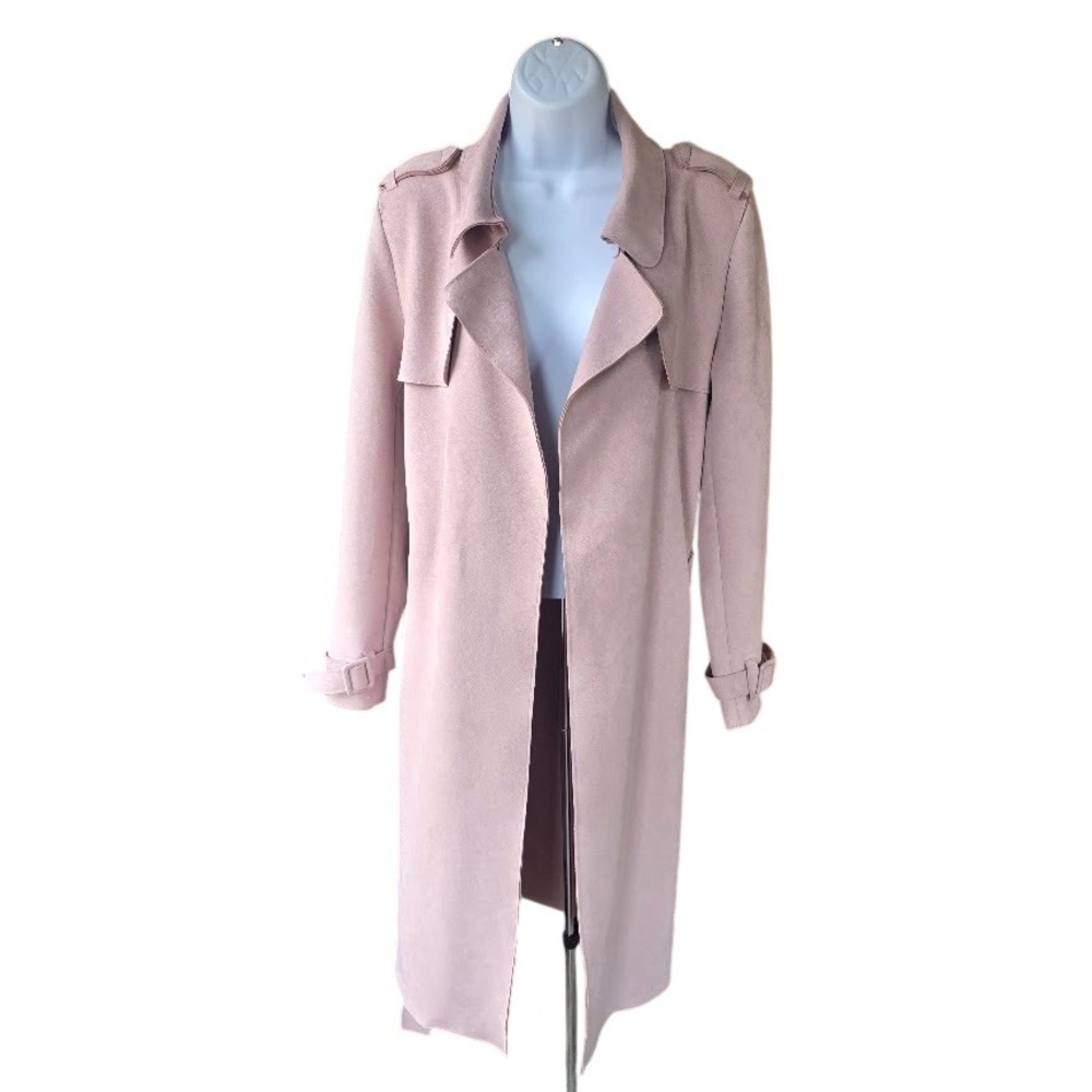 Zara Trench Coat Womens M Pink Faux Suede Belted Minimalist Romantic Parisian - Picture 3 of 16